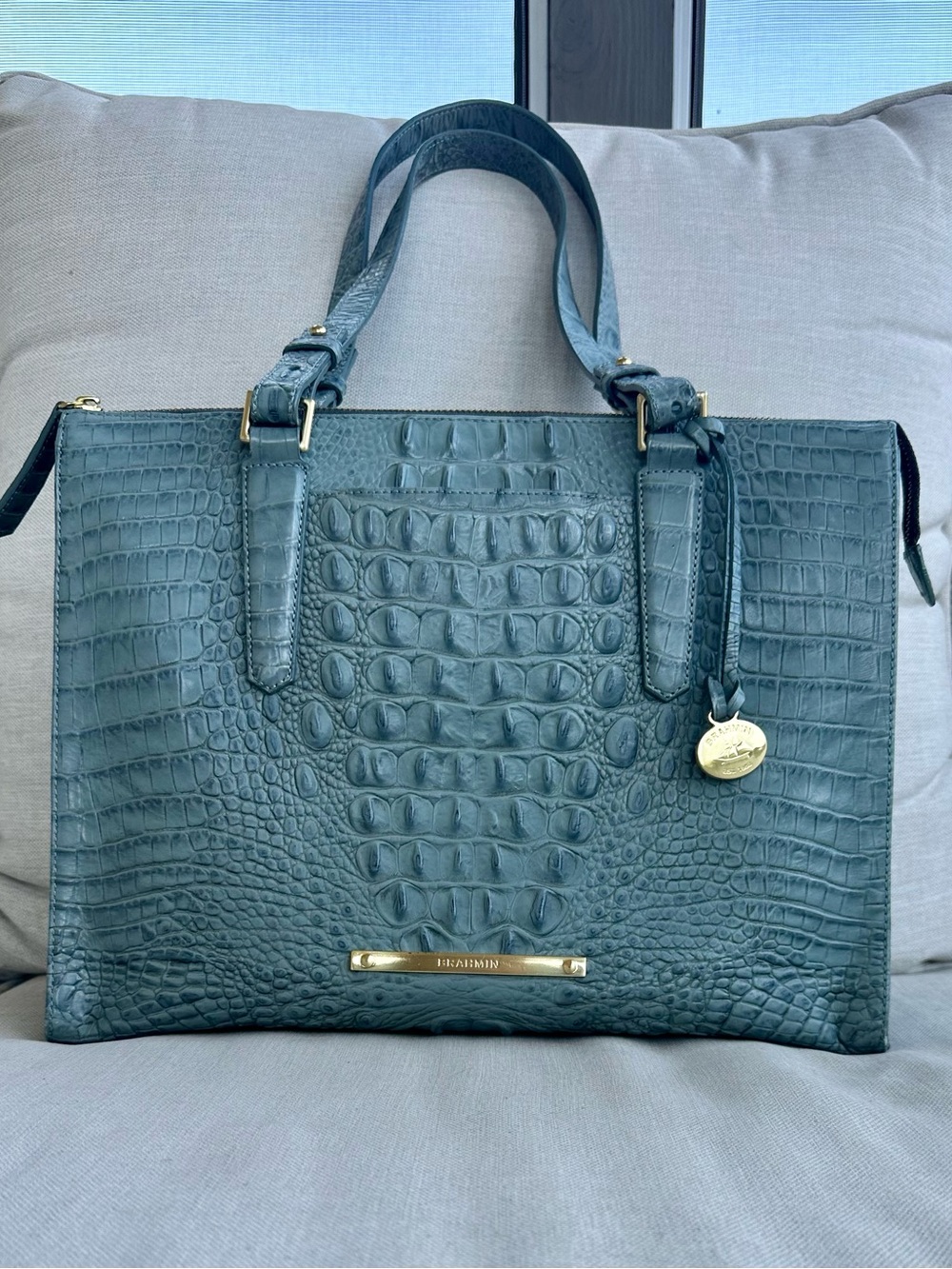 Brahmin Vintage Croc-Embossed Satchel with Gold Hardware suede interior.